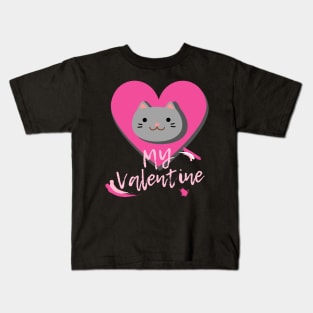 My Valentine Kitty Cat Lovers with Pink Heart Kids T-Shirt